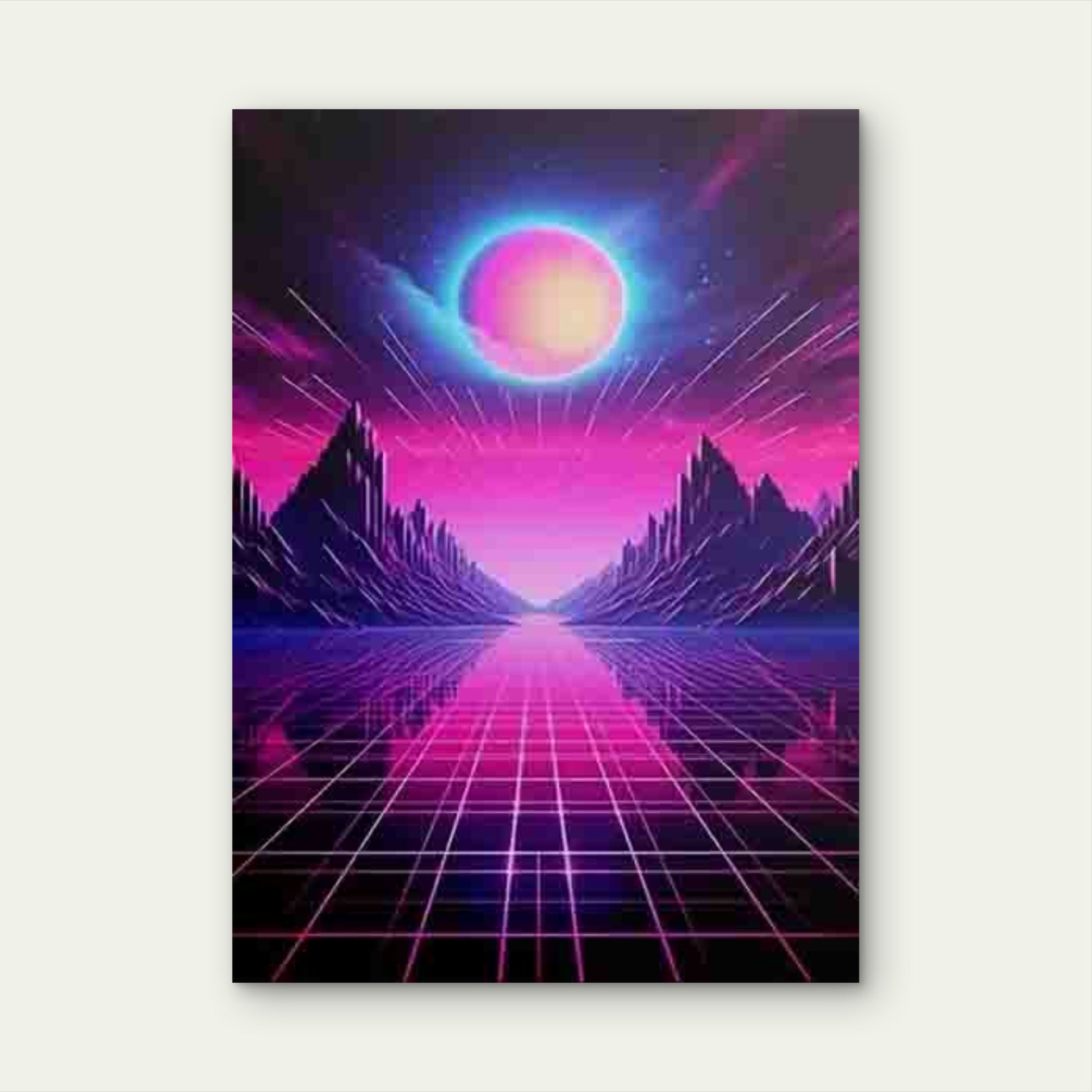 Pink Grid planet & Mountain Silhouette Landscape 60x90cm Metal Print Ready to Hang - Bella Home Decor