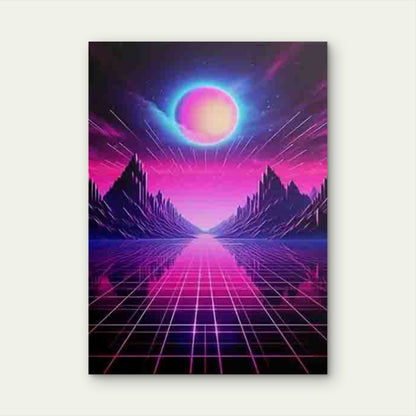 Pink Grid planet & Mountain Silhouette Landscape Metal Print Ready to Hang - Bella Home Decor