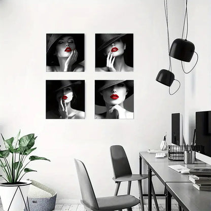 4pcs  Red Lips Woman  Fashion-Theme  Wall Art Canvas Framed