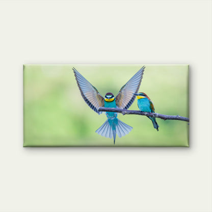 Bee Eaters With Multicolored Feathers Sitting Tree Branch Wall Art Canvas Office Home Room Framed 120x60cm