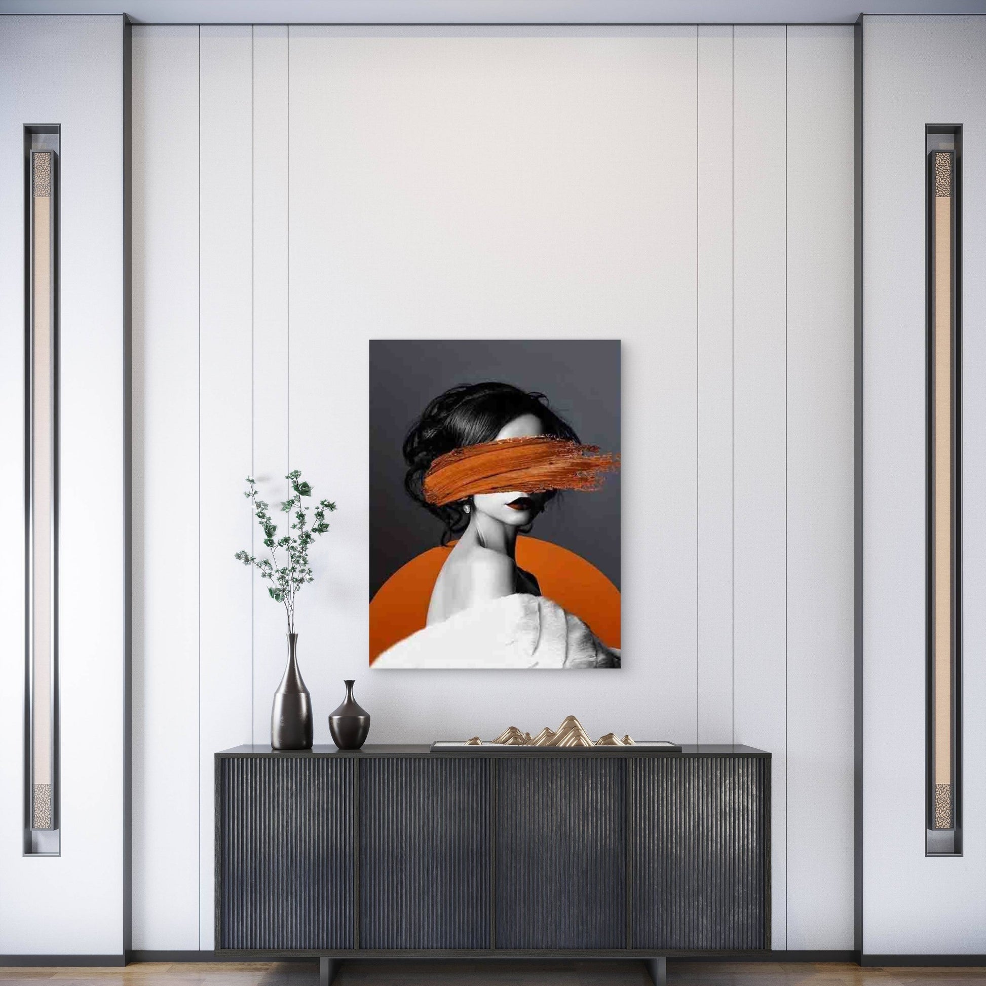 Black And White Figure on an Orange Background Metal Print Ready to Hang - Bella Home Decor