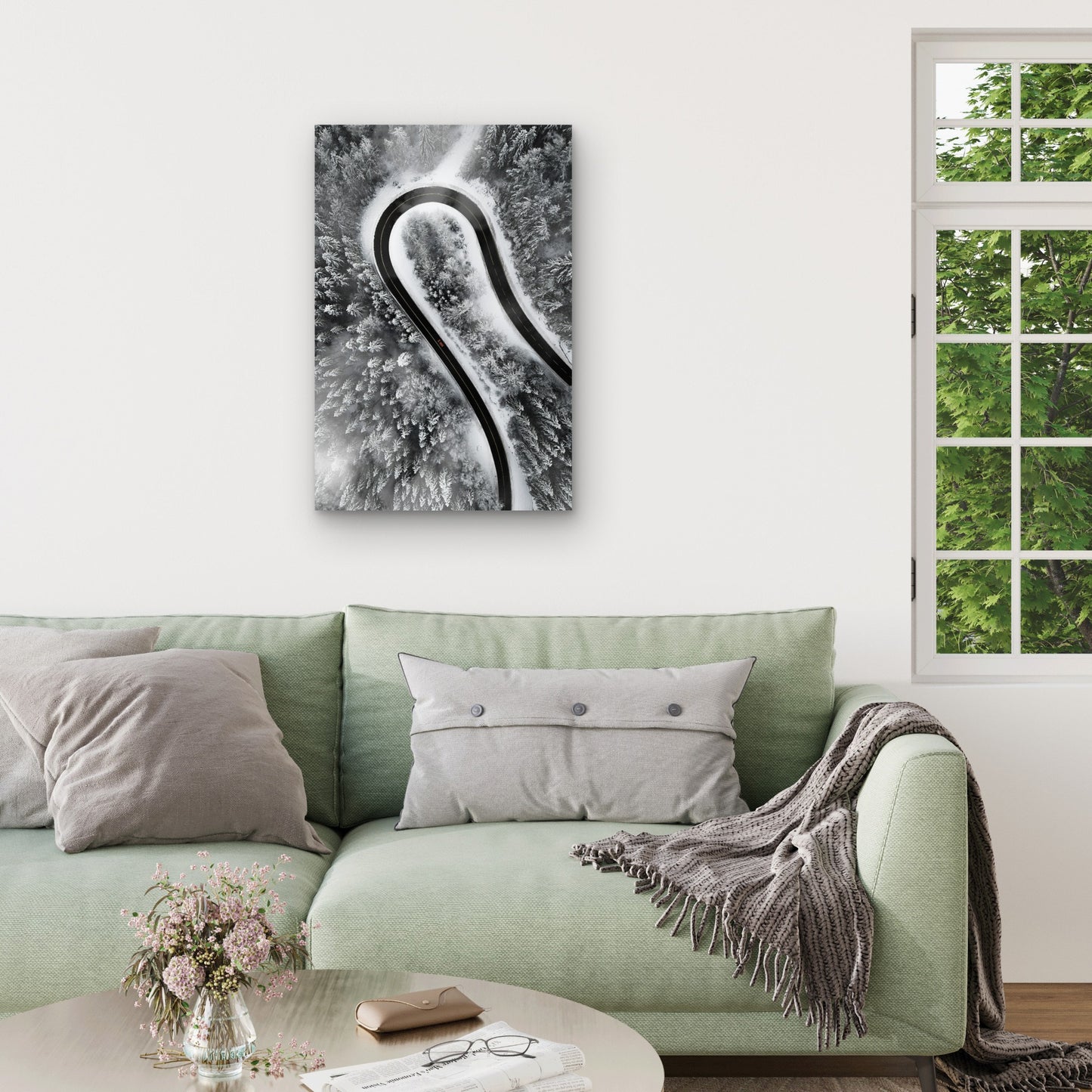 Aerial View of Car on Snow-Covered Winding Road 60x90cm Metal Print Ready to Hang