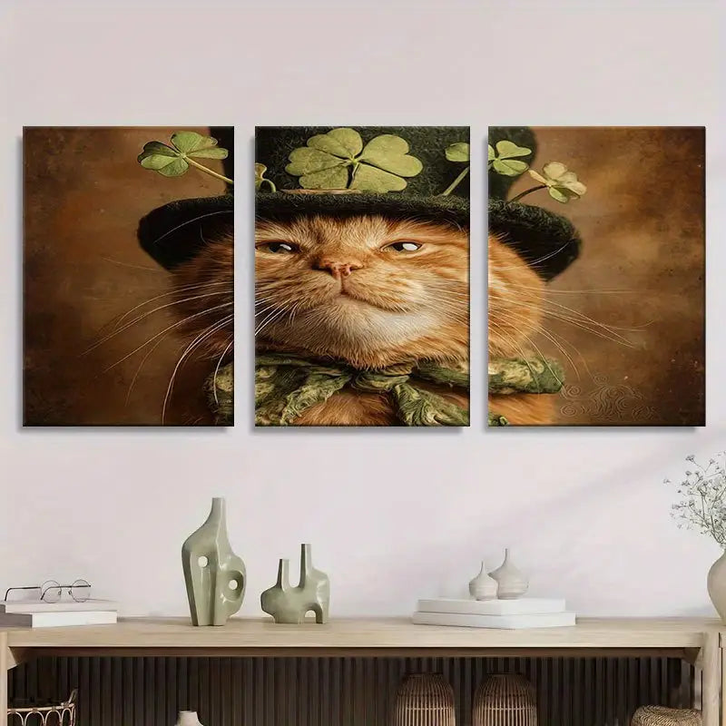 3pcs Happy Cat Wearing Irish Top Hat Metal Print Ready to Hang Art