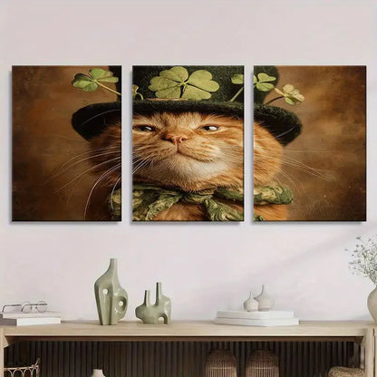 3pcs Happy Cat Wearing Irish Top Hat Metal Print Ready to Hang Art