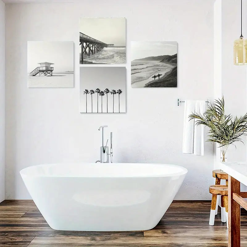 4pcs  Palm Tree,Waves, Surfer Posters Wall Art Canvas Framed