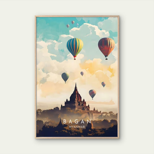 Myanmar Hot Air Balloon & Temple Travel Poster Print Wall Art