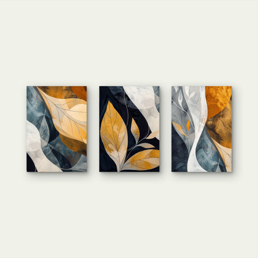 3pcs Abstract Golden Leaf Navy Blue Wall Art Set Canvas Framed 60x90cm - High Quality Print 100% Australian Made Wall Canvas Ready to Hang