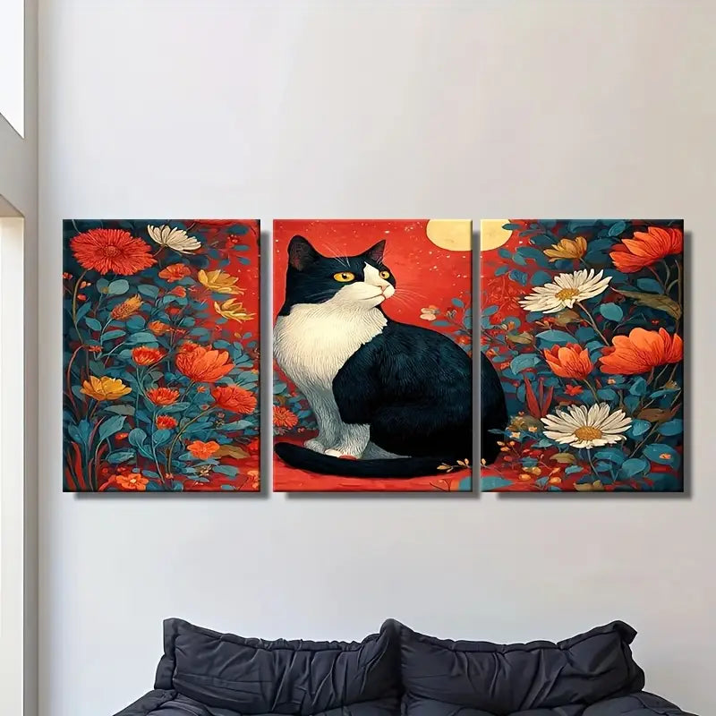 3pcs Black And White Cat with Yellow Eyes, Floral  Metal Print Ready to Hang Art - Bella Home Decor