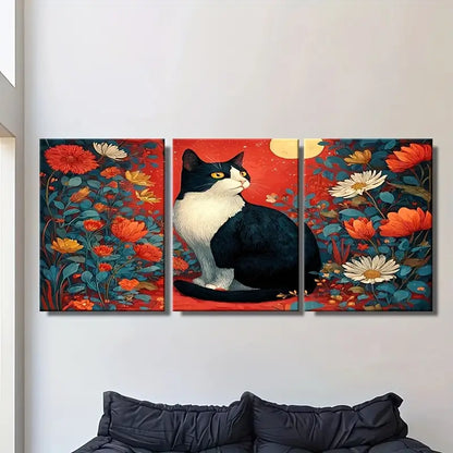 3pcs Black And White Cat with Yellow Eyes, Floral  Metal Print Ready to Hang Art - Bella Home Decor