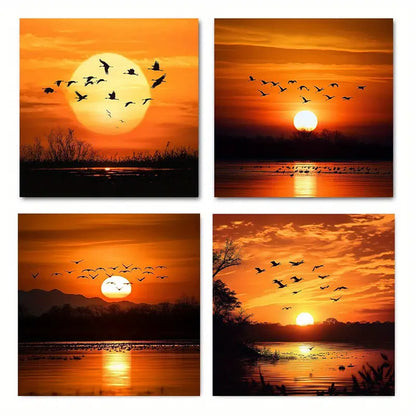 4pcs  Cranes At Sunrise  Wall Art Canvas Framed