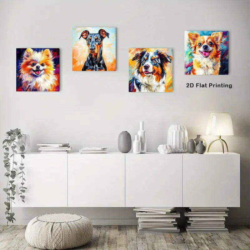 4pcs  Cute Dogs Funny Animal Do Wall Art Canvas Framed