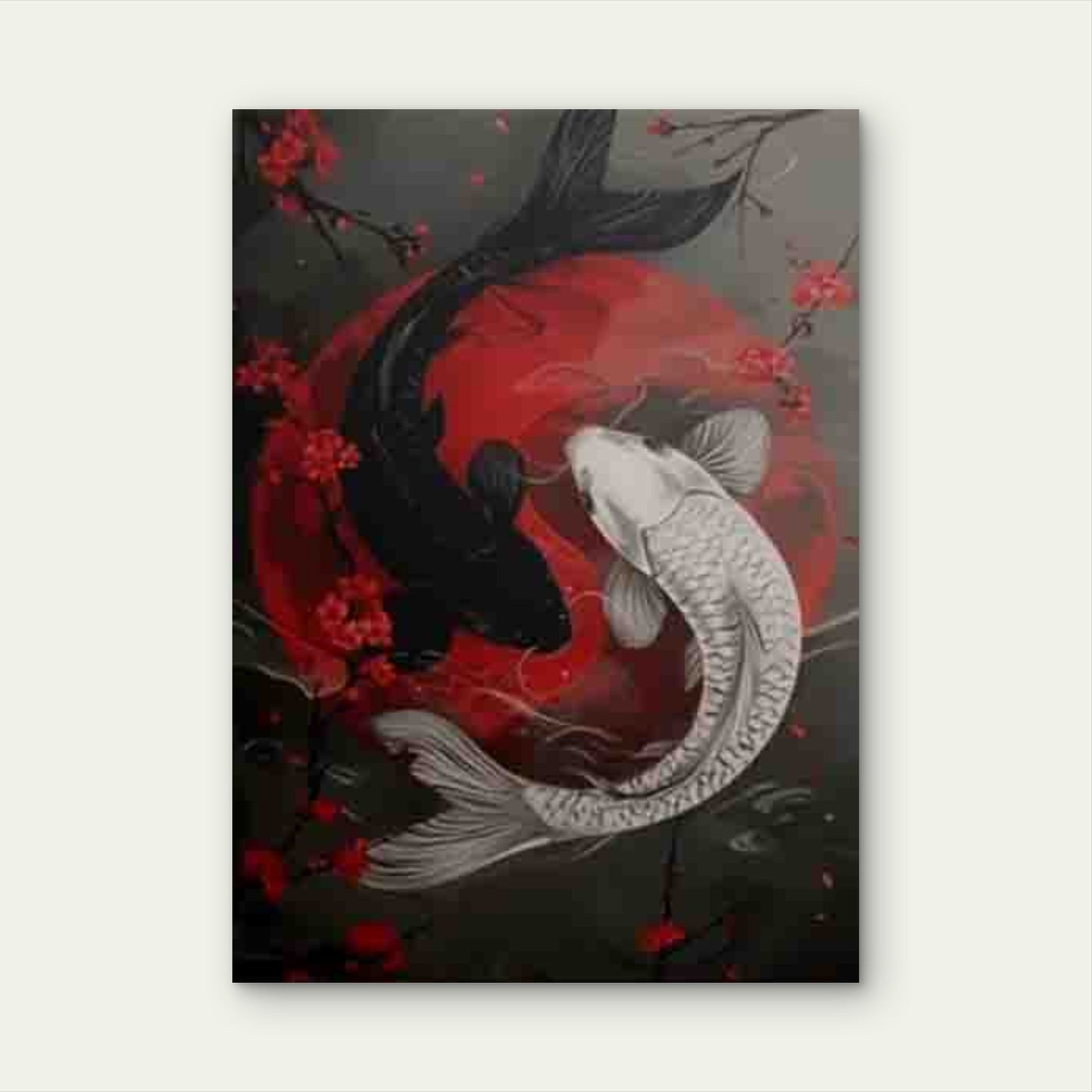 Yin Yang Koi Fish Red Moon Cherry Blossom Metal Print Ready to Hang - Bella Home Decor