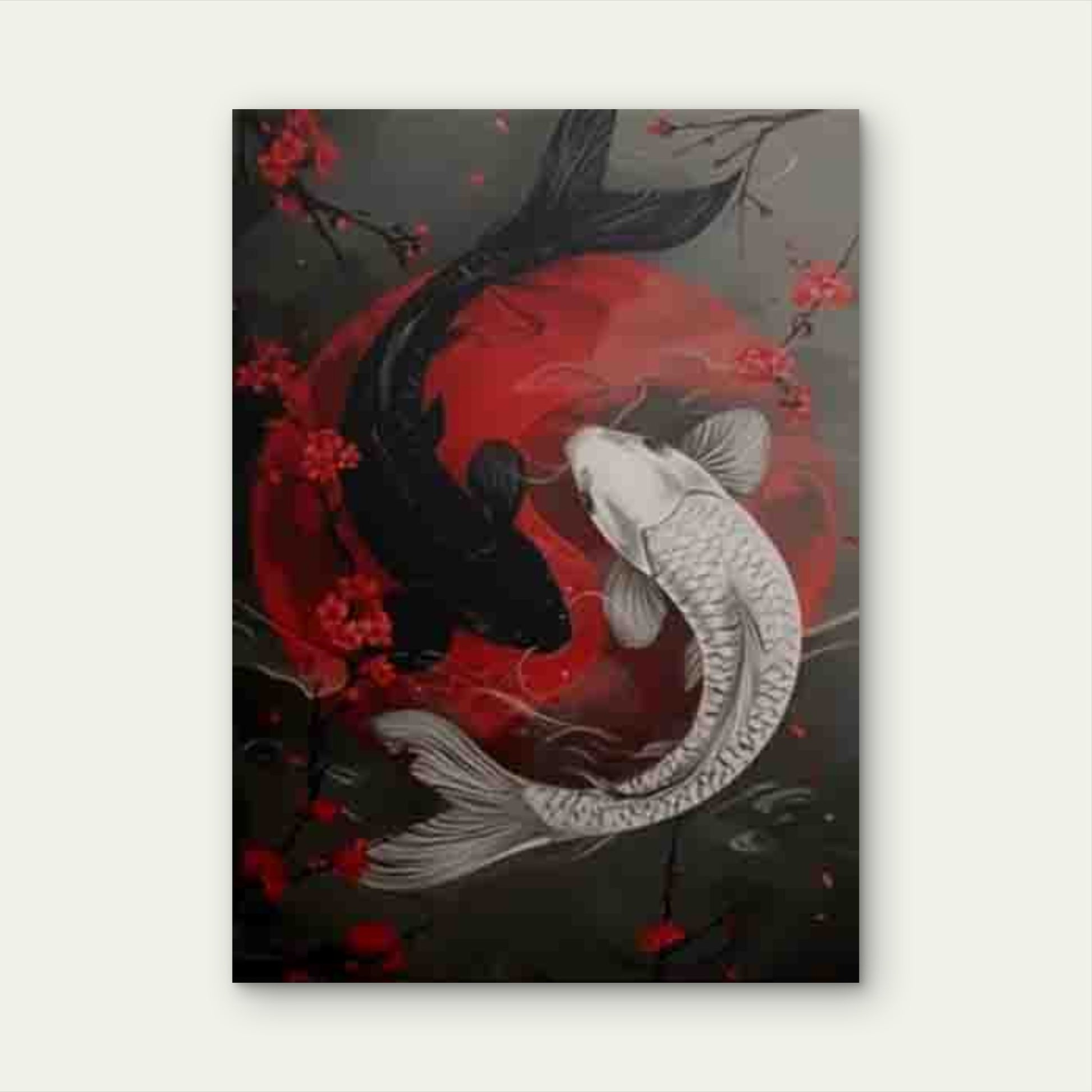 Yin Yang Koi Fish Red Moon Cherry Blossom Metal Print Ready to Hang - Bella Home Decor