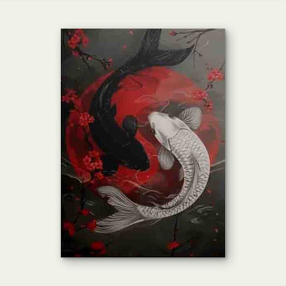 Yin Yang Koi Fish Red Moon Cherry Blossom Metal Print Ready to Hang - Bella Home Decor