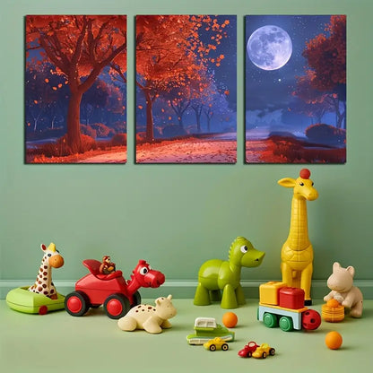 3pcs Watercolor Autumn trees Road Moon Night Metal Print Ready to Hang Art
