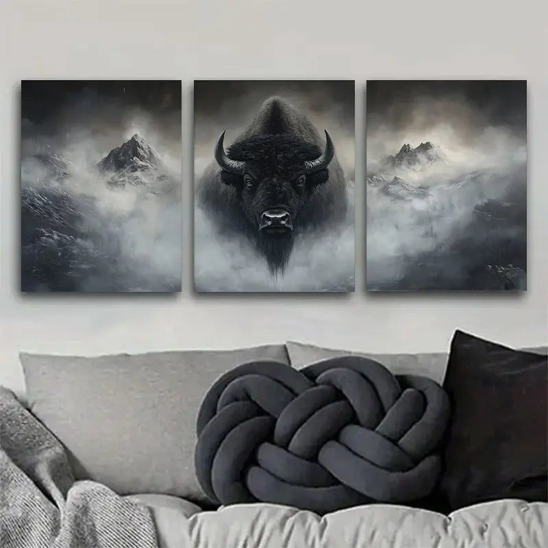 3pcs Majestic Bison In Foggy Mountains Metal Print Ready to Hang Art