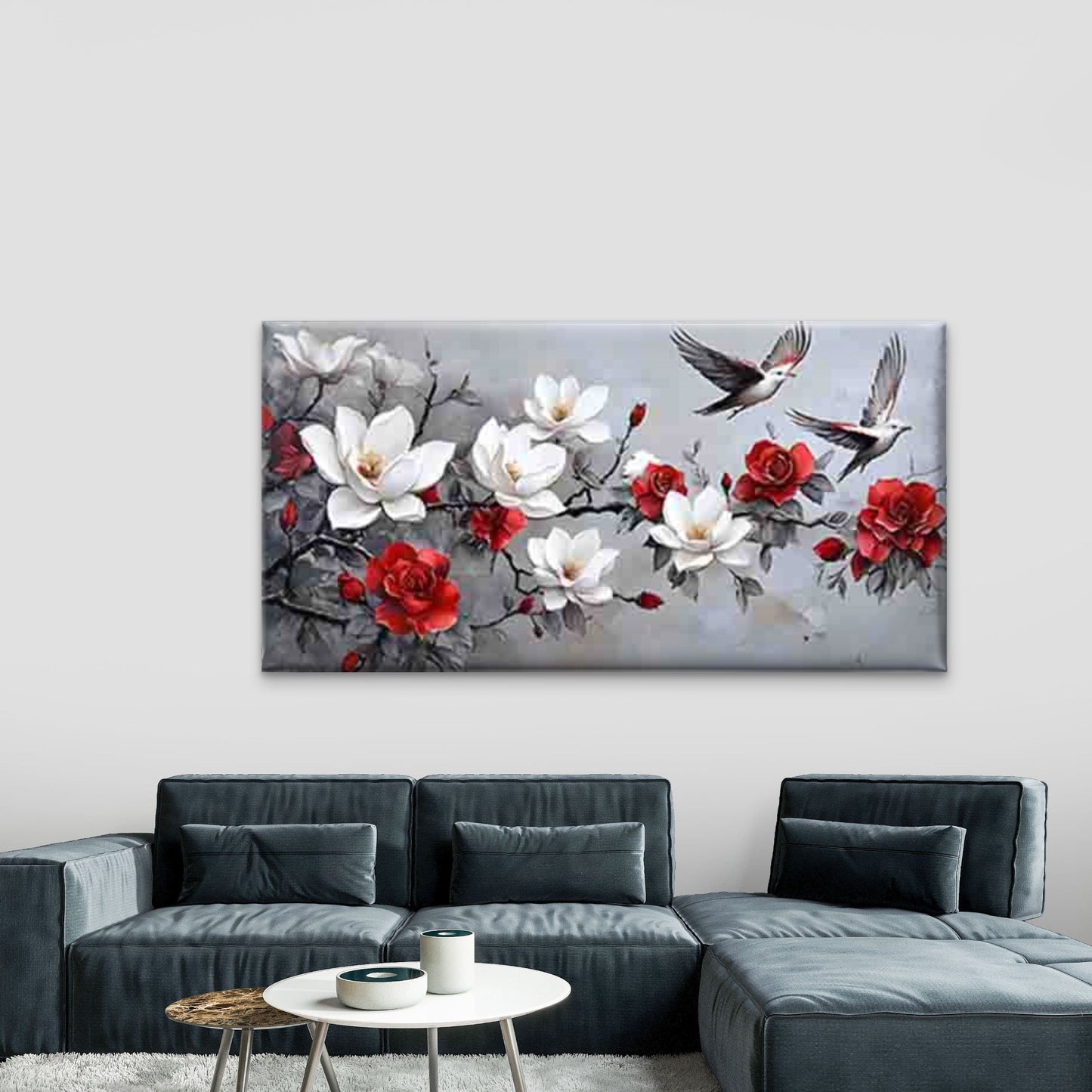 White Floral with Flying Birds Wall Art Canvas Office Home Room Framed 120x60cm - Bella Home Decor