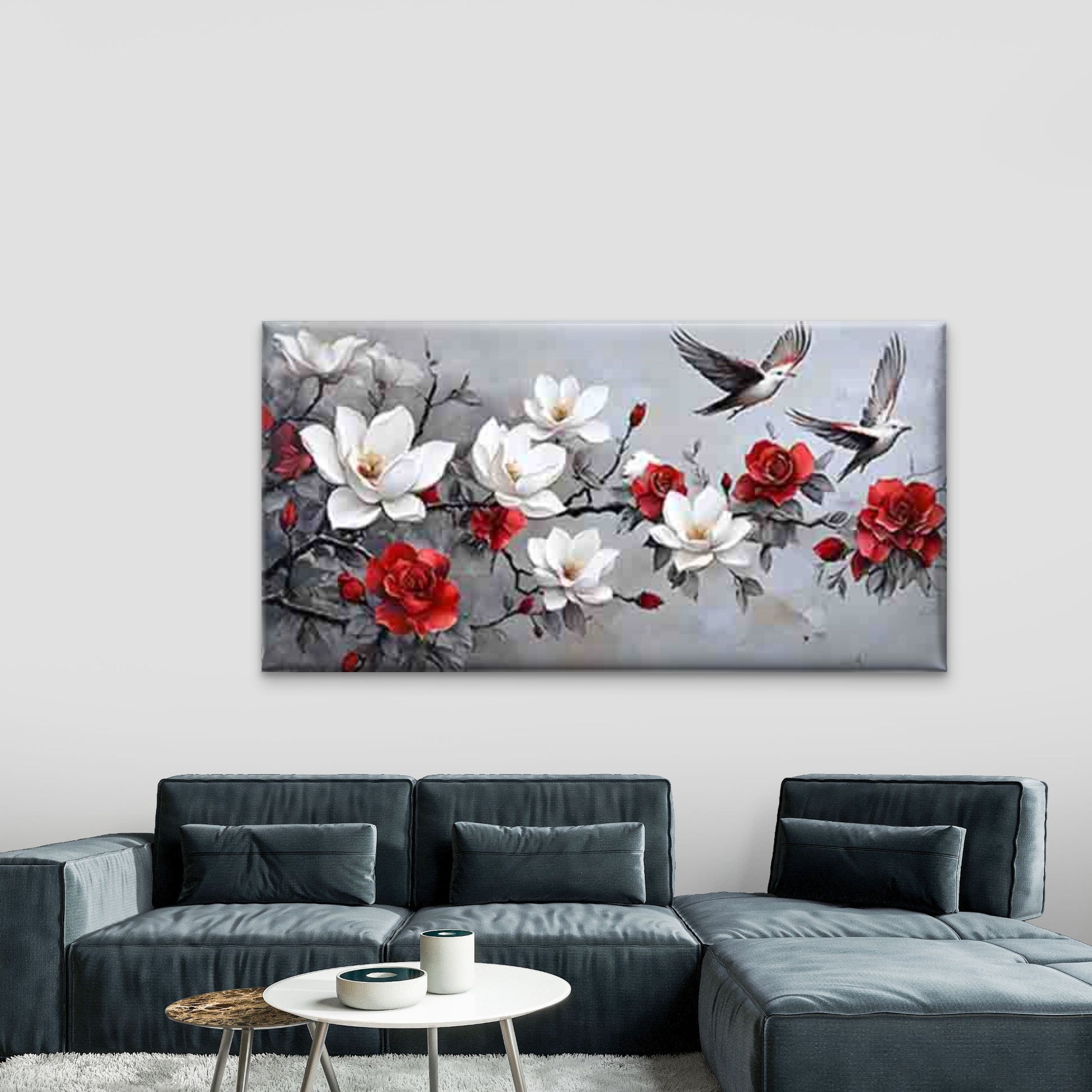 White Floral with Flying Birds Wall Art Canvas Office Home Room Framed 120x60cm - Bella Home Decor