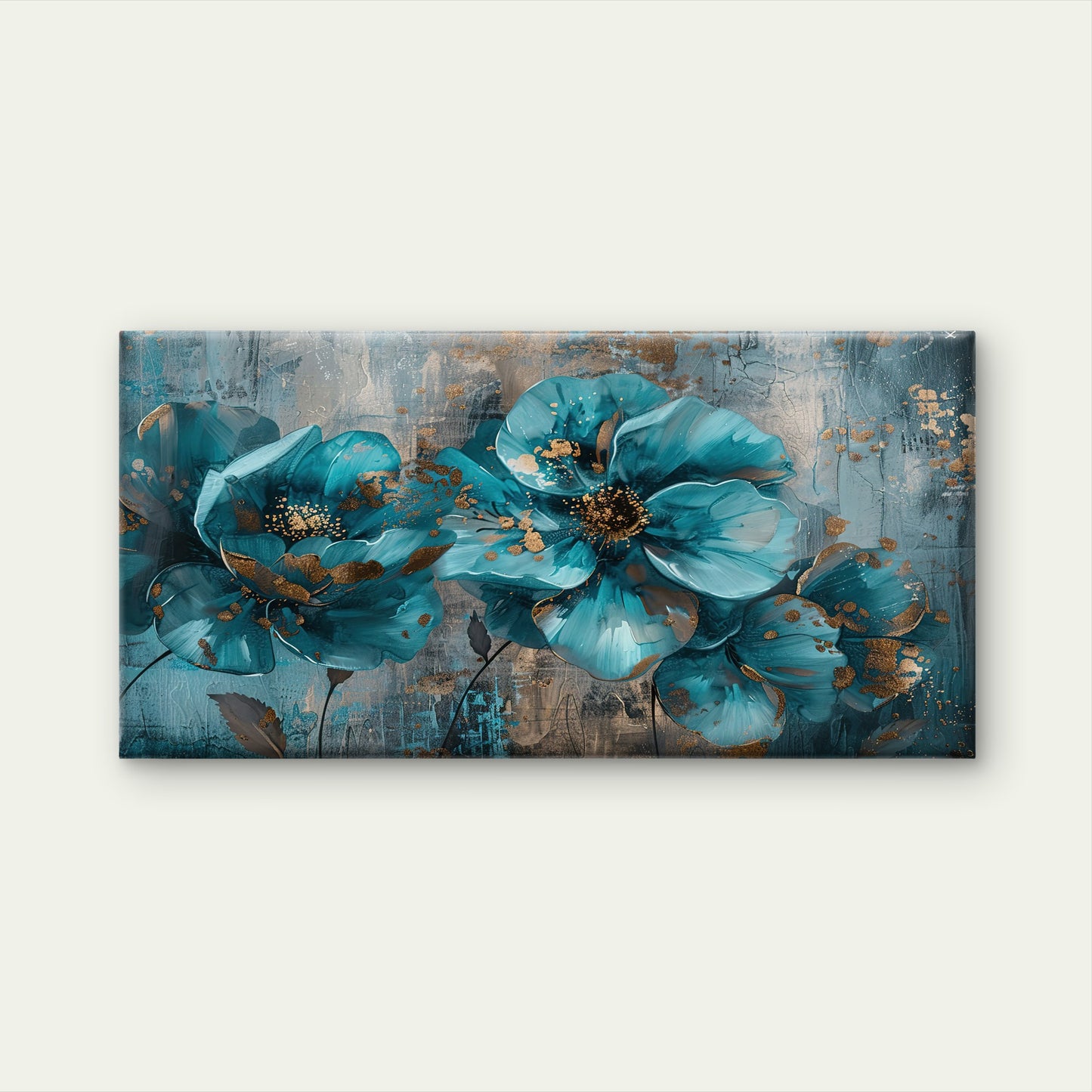 Teal Blue Gold Floral Abstract Wall Art Canvas Office Home Room Framed 120x60cm