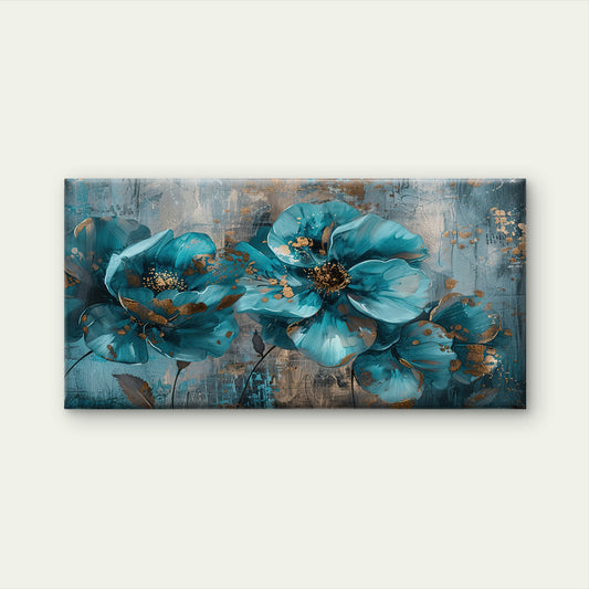 Teal Blue Gold Floral Abstract Wall Art Canvas Office Home Room Framed 120x60cm