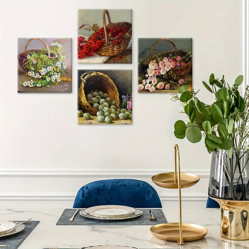 4pcs Willow Basket Red Berries, Green Plum Wall Art Canvas Framed