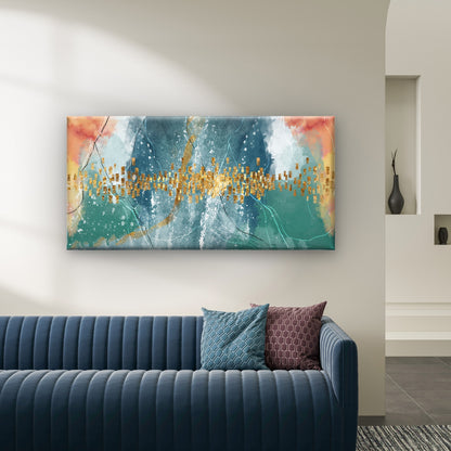 Teal Coral Gold Abstract Modern Wall Art Canvas Office Home Room Framed 120x60cm