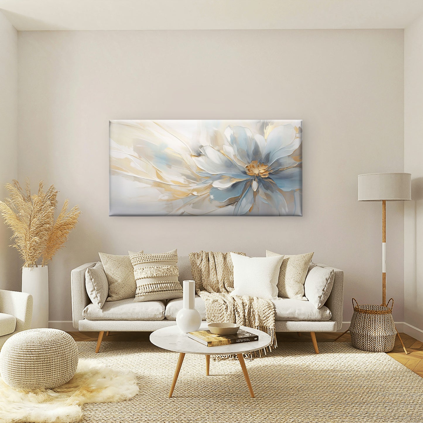 Abstract Blue Gold Floral Blossom Wall Art Canvas Office Home Framed 120x60cm