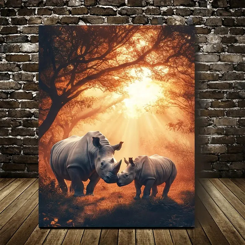 Dreamlike Rhino Scene Under Glowing Sunset Sky 40x60cm Metal Print Ready to Hang - Bella Home Decor