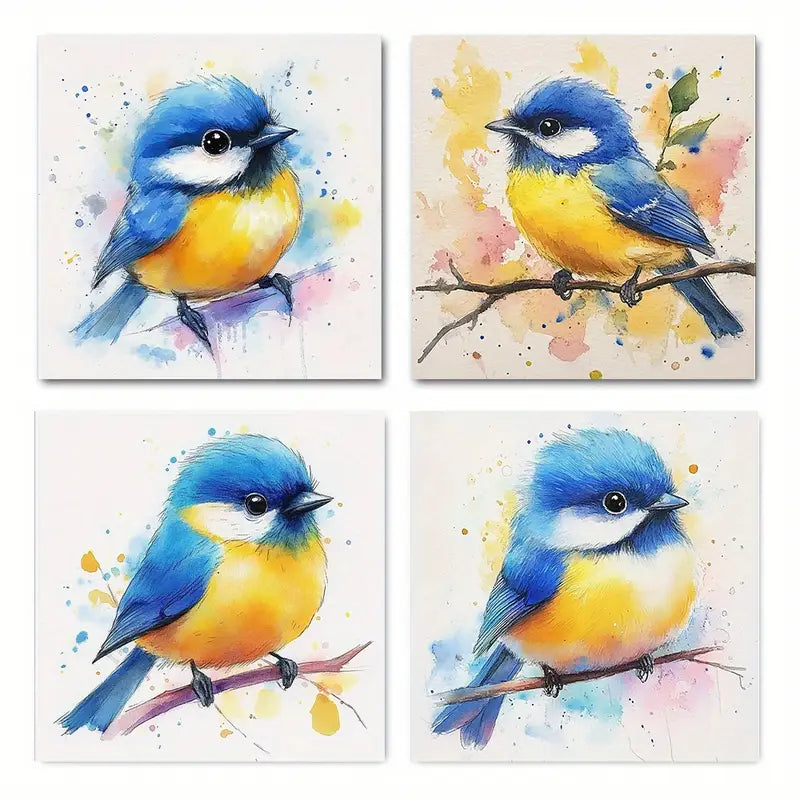4pcs  Vintage Abstract Bluebird a  BL Wall Art Canvas Framed