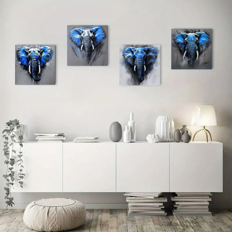 4pcs  Abstract  Blue & Gray Elephants GE  Wall Art Canvas Framed
