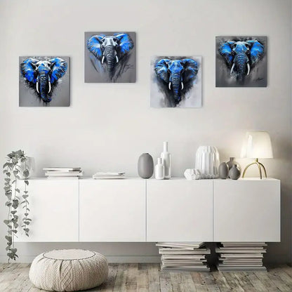 4pcs  Abstract  Blue & Gray Elephants GE  Wall Art Canvas Framed