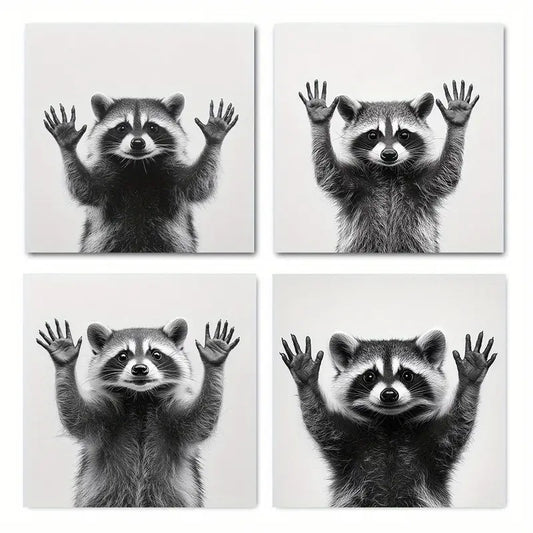 4pcs Vintage Abstract Raccoon Canvas Art Prints   Wall Art Canvas Framed