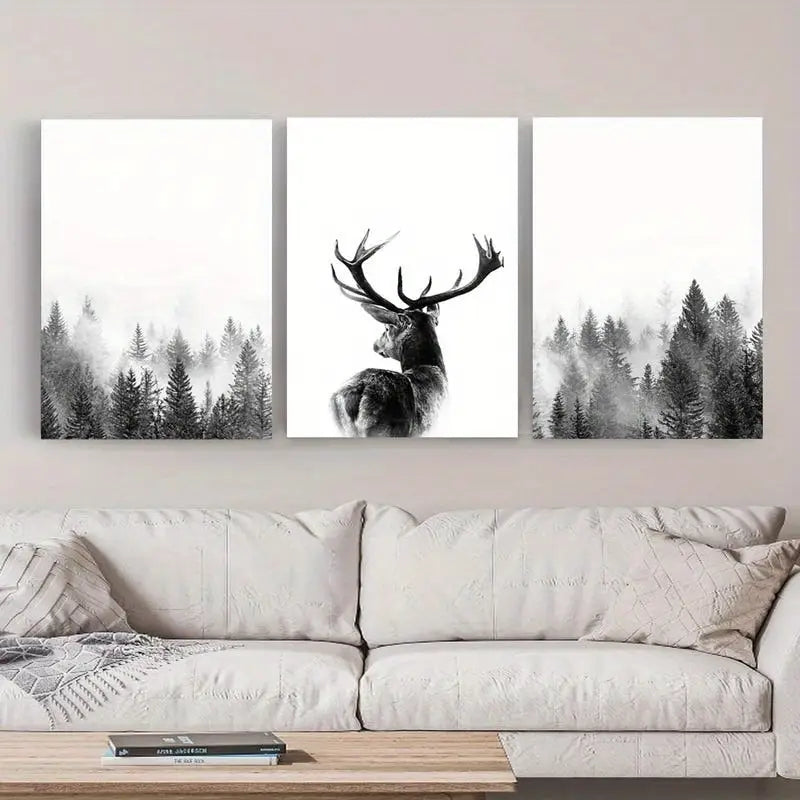 3pcs Deer Canvas Art Misty Forest Metal Print Ready to Hang Art - Bella Home Decor