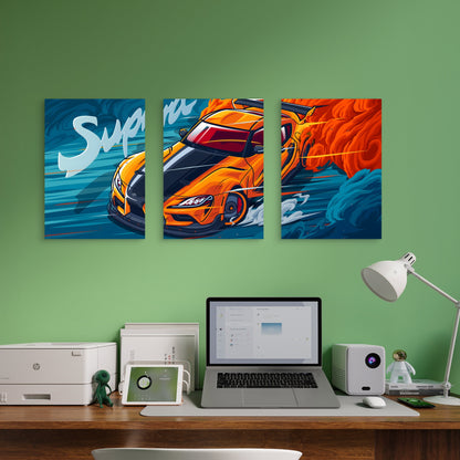 3pcs Fiery Tangerine Cyan Asphalt Drift Metal Print Ready to Hang Art - Bella Home Decor