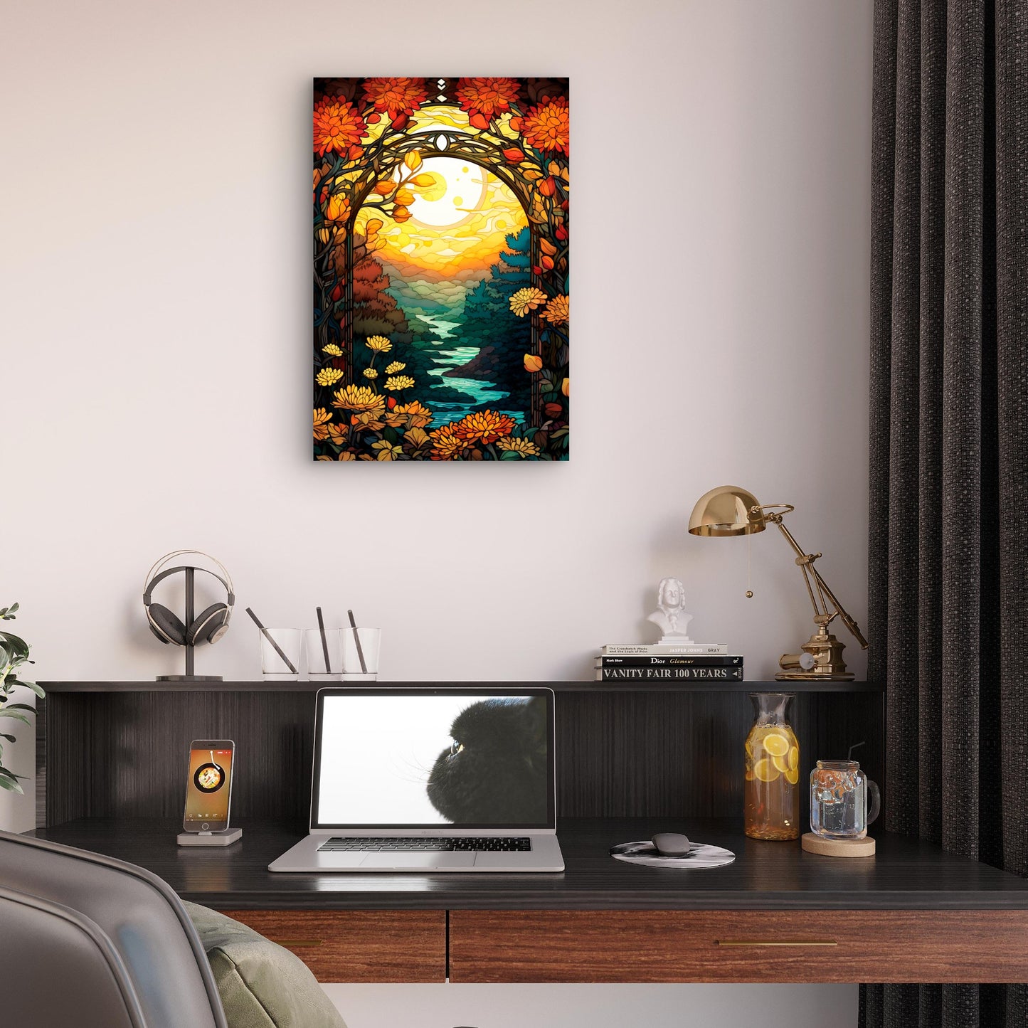 Stained glass art Autumn Forest River Sunset 40x60cm Metal Print Ready to Hang