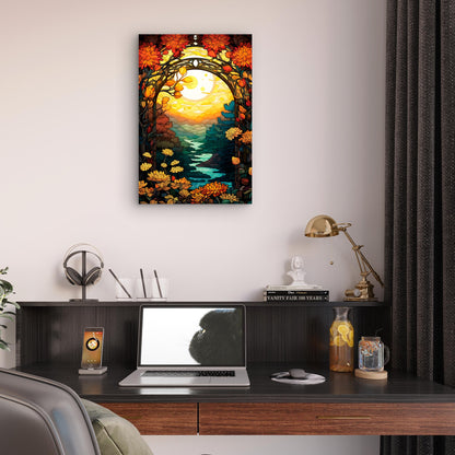 Stained glass art Autumn Forest River Sunset 40x60cm Metal Print Ready to Hang