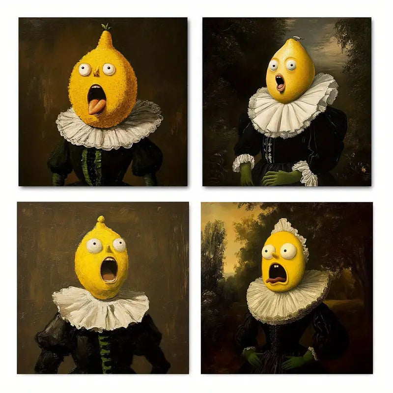 4pcs Whimsical Lemon Characters In Renaissance Wall Art Canvas Framed