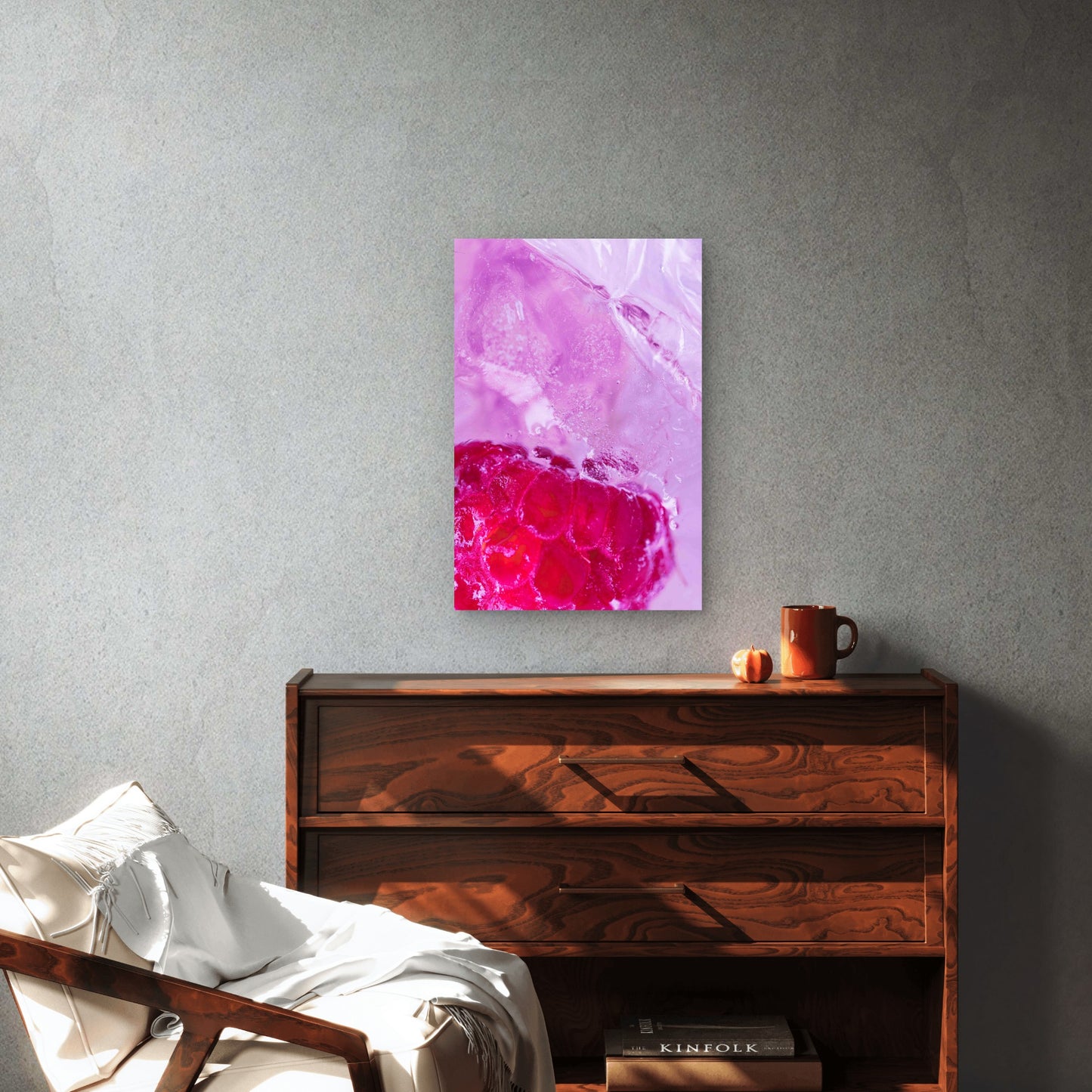Close-Up Photograph of a Frozen Raspberry 60x90cm Metal Print Ready to Hang
