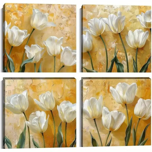 4pcs Yellow and White Flowersr Wall Art Canvas Framed