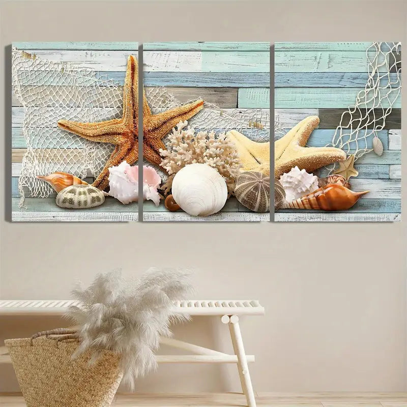 3pcs Seashell Art Painting, Coral Ocean Metal Print Ready to Hang Art