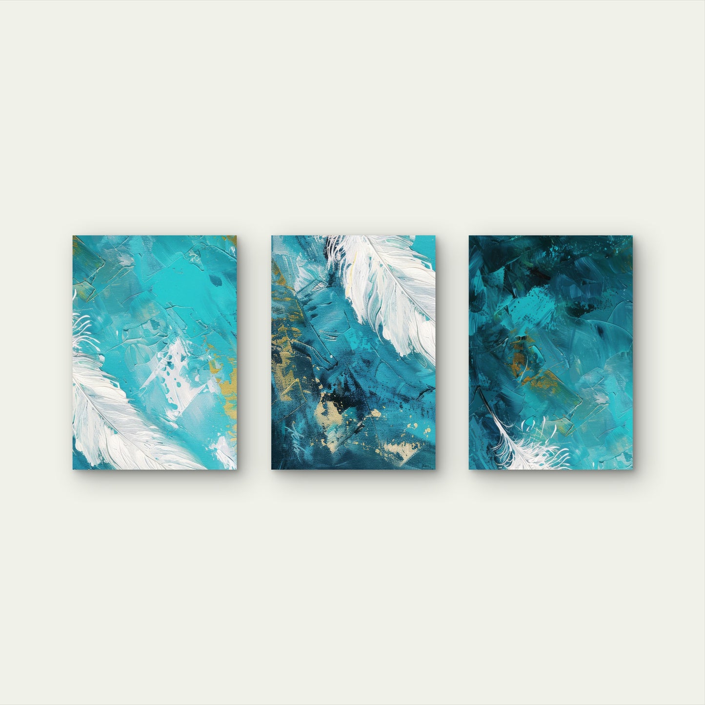 3pcs Modern Teal Turquoise Gold Feather   Wall Art Set Canvas Framed 50x70cm - High Quality Print 100% Australian Made Wall Canvas Ready to Hang