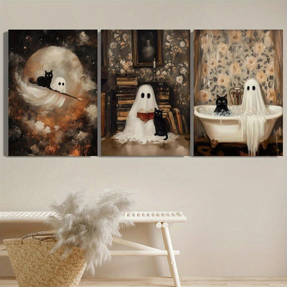 3pcs Cute Ghosts, Black Cats, Stylish Broom, Halloween Metal Print Ready to Hang Art
