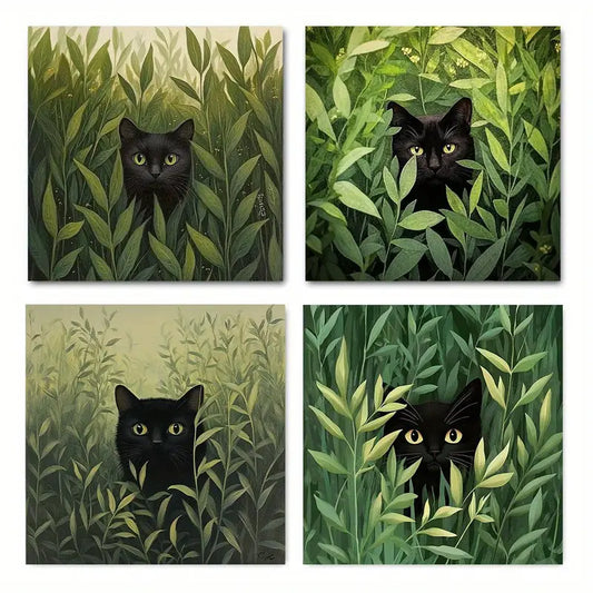 4pcs Black Cat in Green Leaves Wall Art Canvas Framed