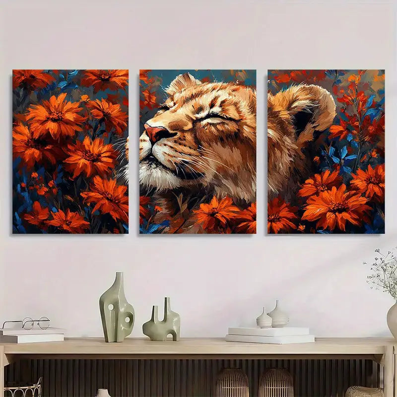 3pcs Lion & Floral Canvas Metal Print Ready to Hang Art