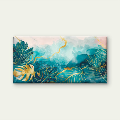 Abstract Teal Gold Tropical Monstera Wall Art Canvas Office Home Framed 120x60cm