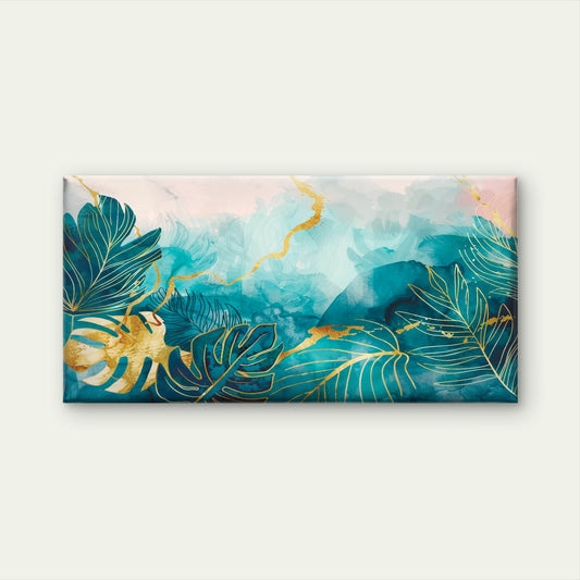 Abstract Teal Gold Tropical Monstera Wall Art Canvas Office Home Framed 120x60cm