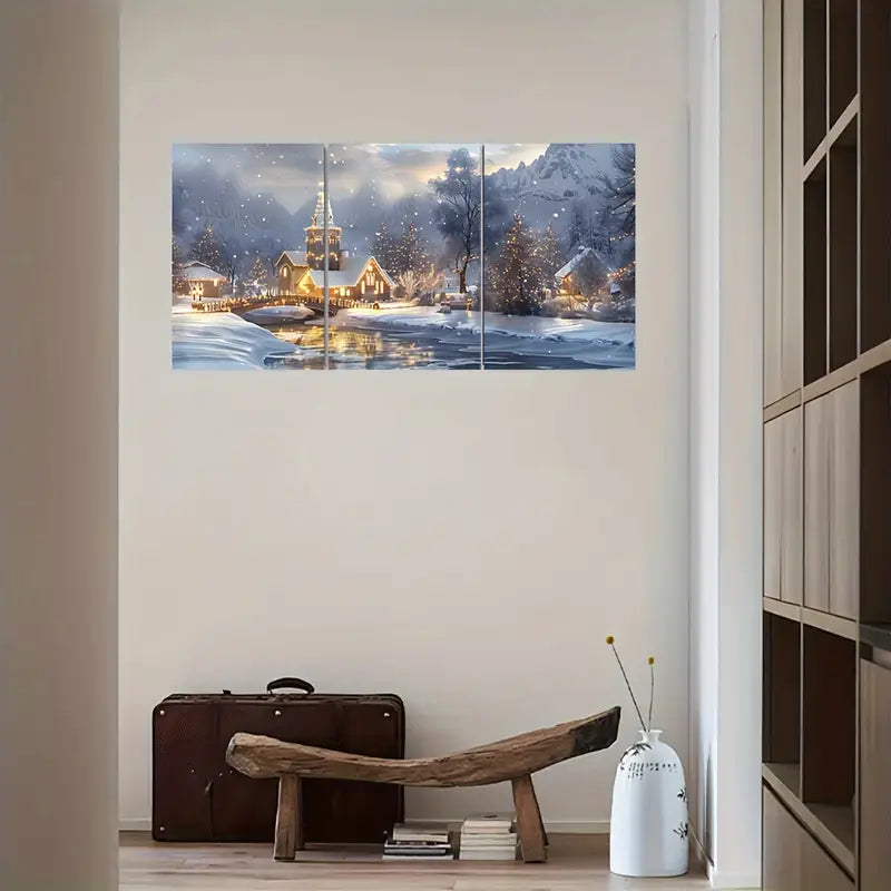 3pcs Snow Crapped City Light Metal Print Ready to Hang Art
