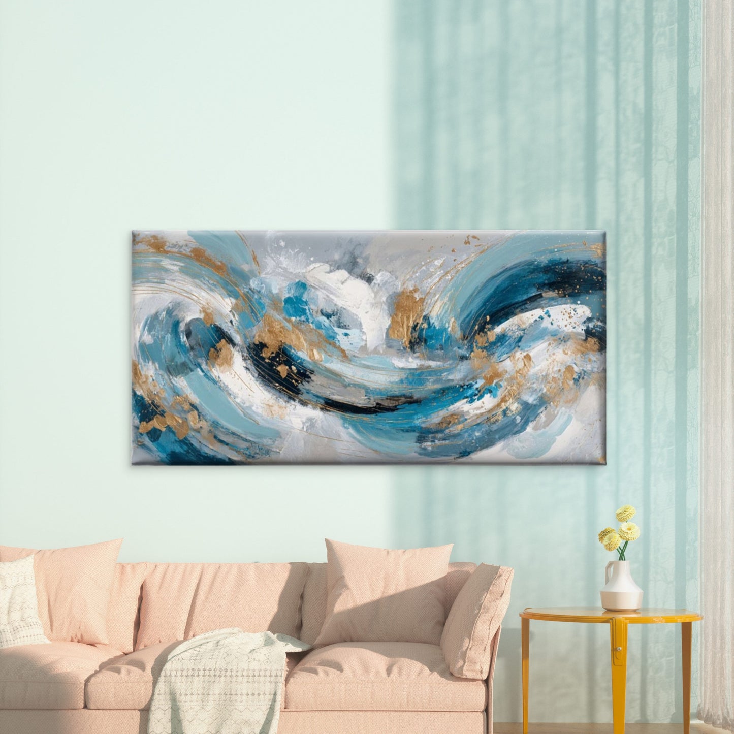 Abstract Blue Golden Turquoise Wall Art Canvas Office Home Room Framed 120x60cm