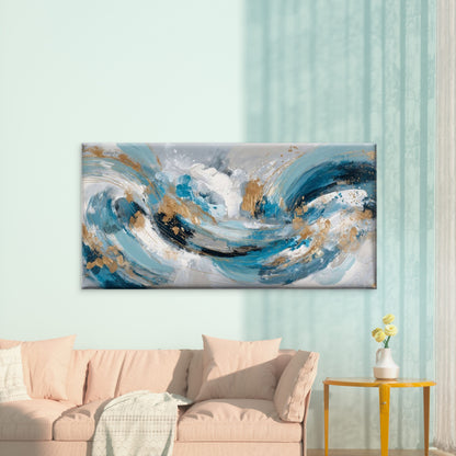 Abstract Blue Golden Turquoise Wall Art Canvas Office Home Room Framed 120x60cm