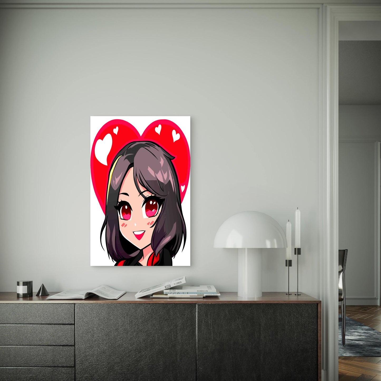 Cute Cartoon Girl With Heart Sticker in Kawaii Chibi Style 60x90cm Metal Print Ready to Hang